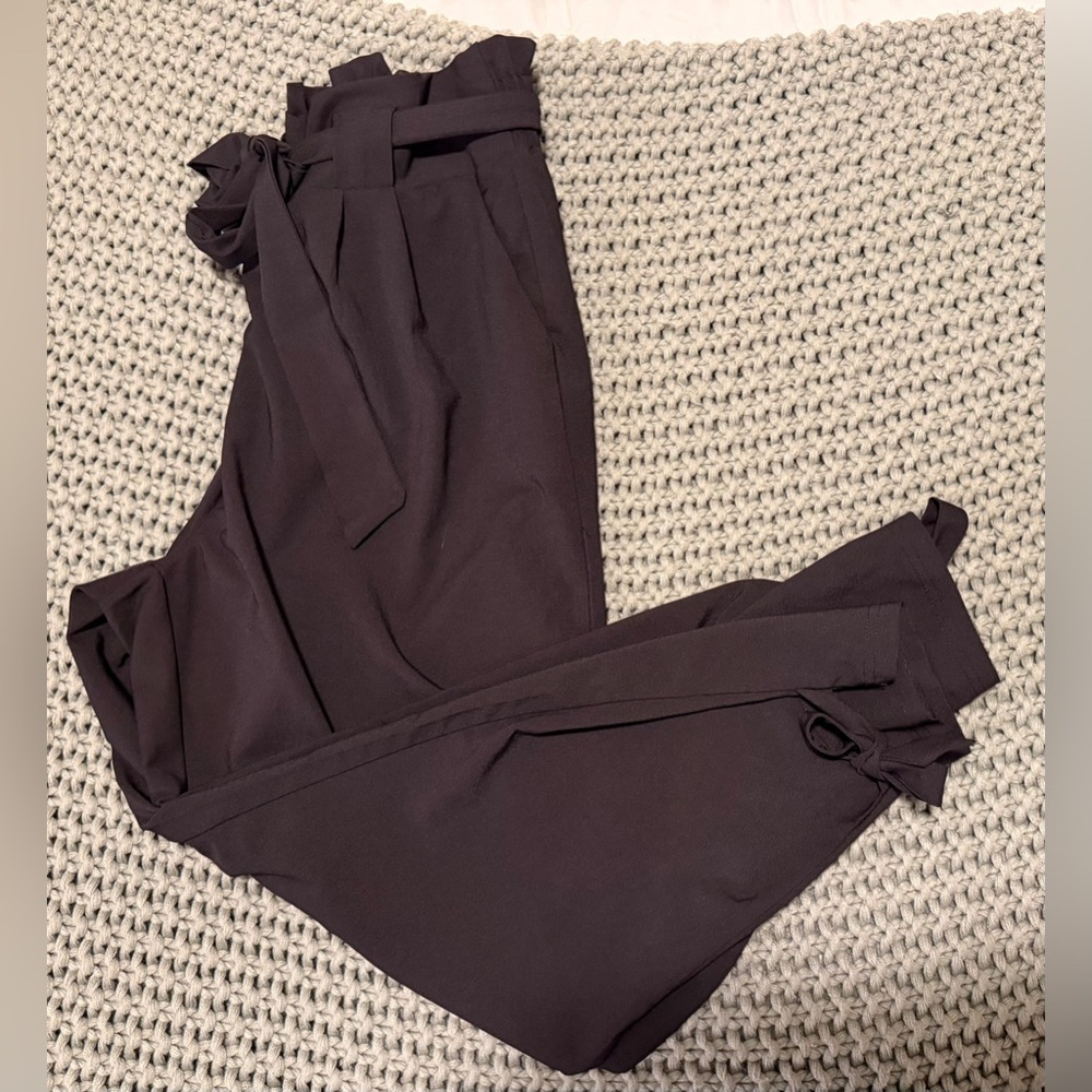Grace Karin Black Women's high waist paper bag style Trousers with ankle ties